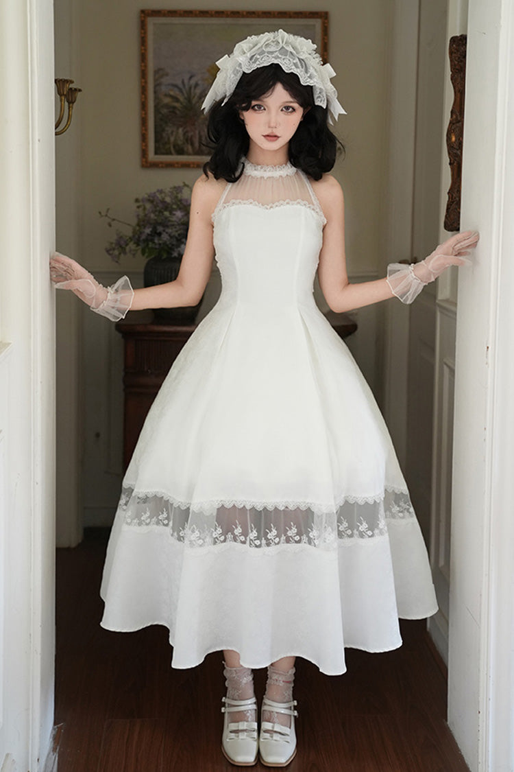White [Flowers in the Mist] Off Shoulder Halterneck Print Ruffle Gothic Elegant Lolita Dress - Product - 4