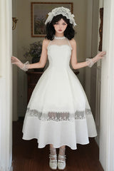 White [Flowers in the Mist] Off Shoulder Halterneck Print Ruffle Gothic Elegant Lolita Dress - Product - 4