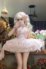 Pink Halterneck Triple-Layered Bowknot Lace Sweet Lolita Jsk Dress - Product - 6