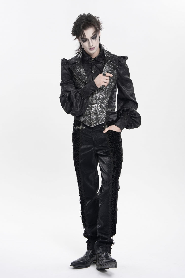 Black Printed Embroidered Spliced Lace-Up Men's Gothic Pants - Product - 9
