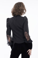 Black High Collar Translucent Lace Patchwork Bow Decoration Long Sleeve Women's Gothic Shirt - Product - 4