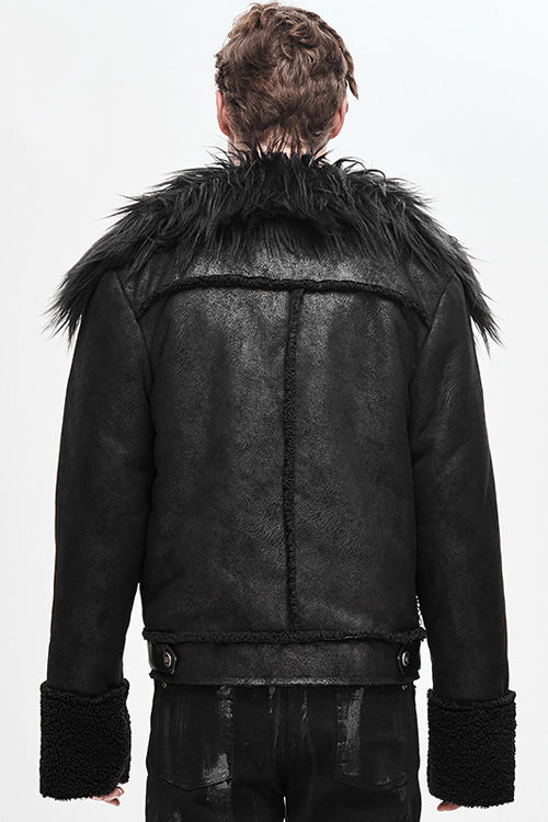 Black Wool Collar Decadent Warm Short Mens Punk Jacket - Product - 6