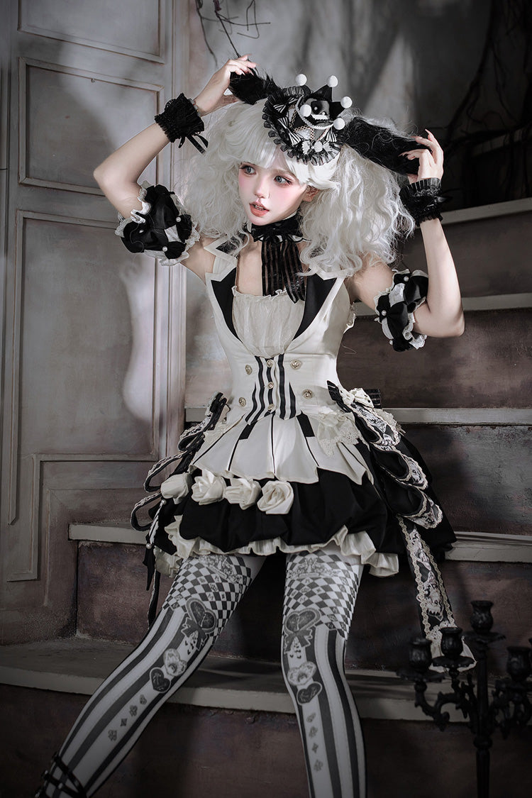 Black/White [Candy Cane] Sleeveless Printed Ruffled Bow Gothic Lolita Skirt Full Set - Product - 13