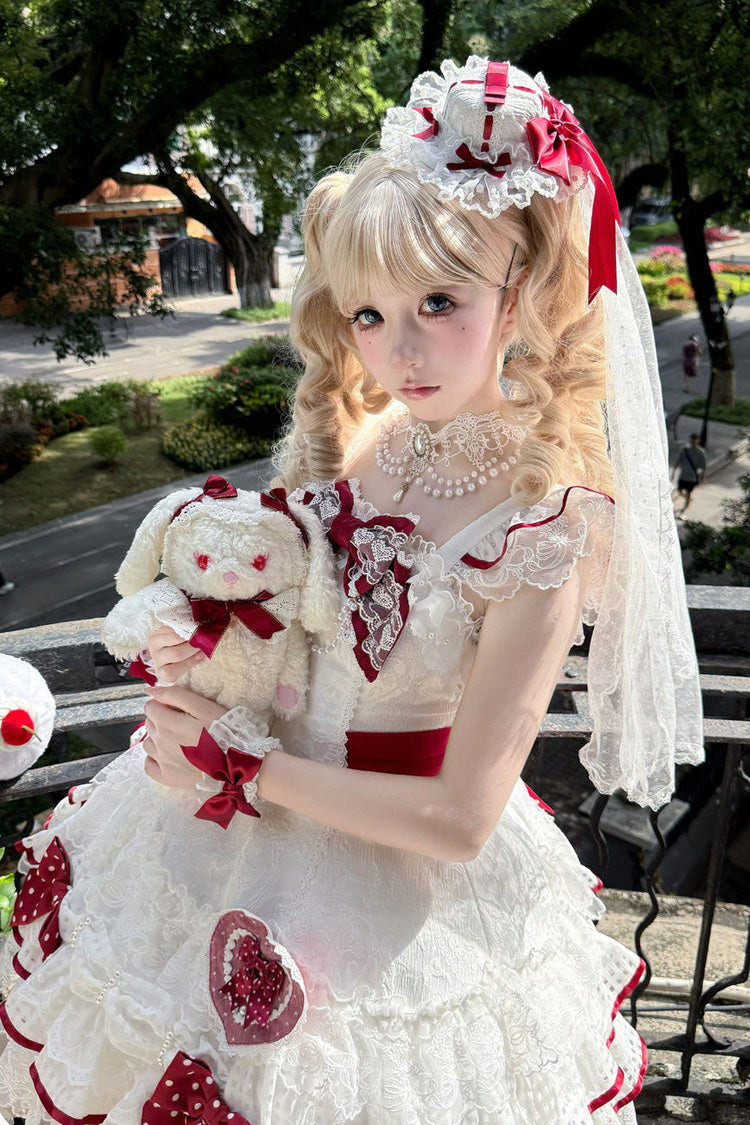 ホワイト [Polka-Dot Love Letter] ノースリーブ 二層 リボン レース パール スウィートロリータ ジャンパースカート（JSK） 商品画像