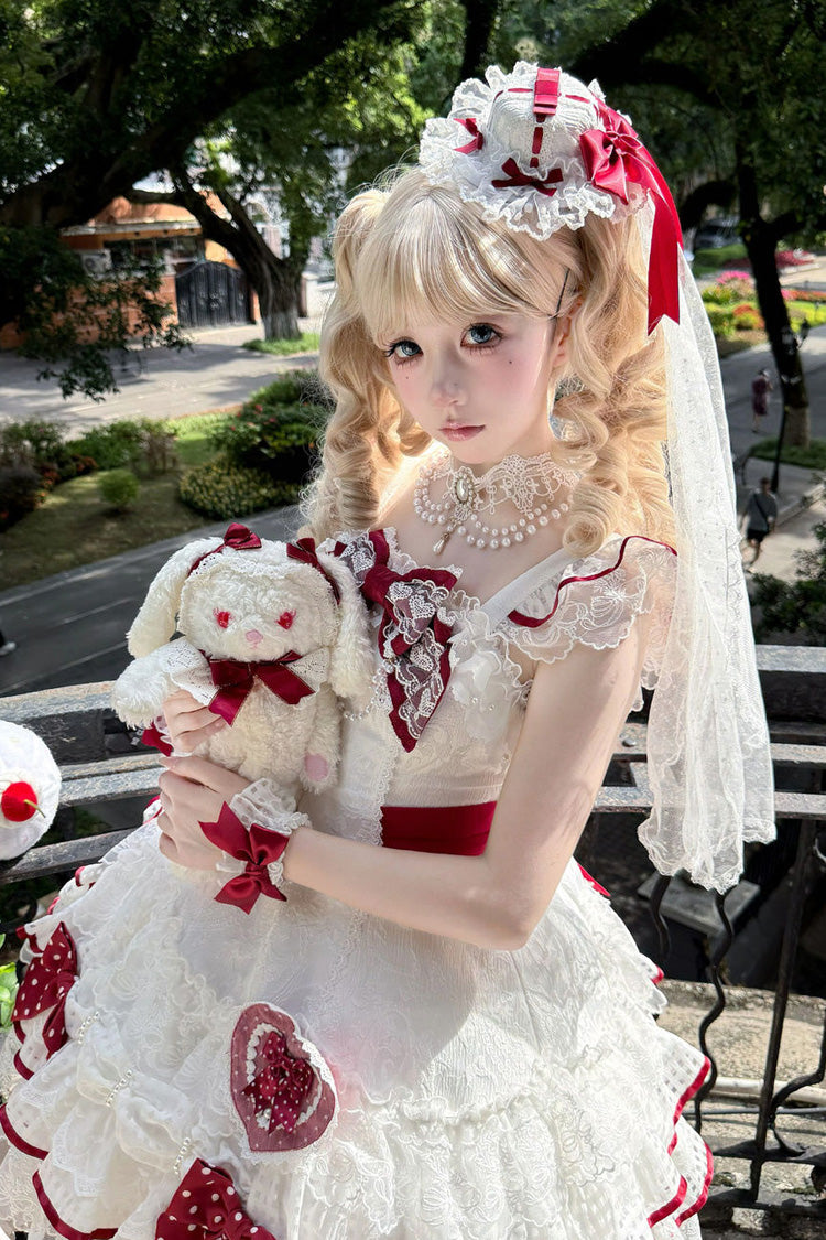 White [Polka-Dot Love Letter] Sleeveless Double-Layered Bowknot Lace Pearl Sweet Lolita Jsk Dress - Product - 11