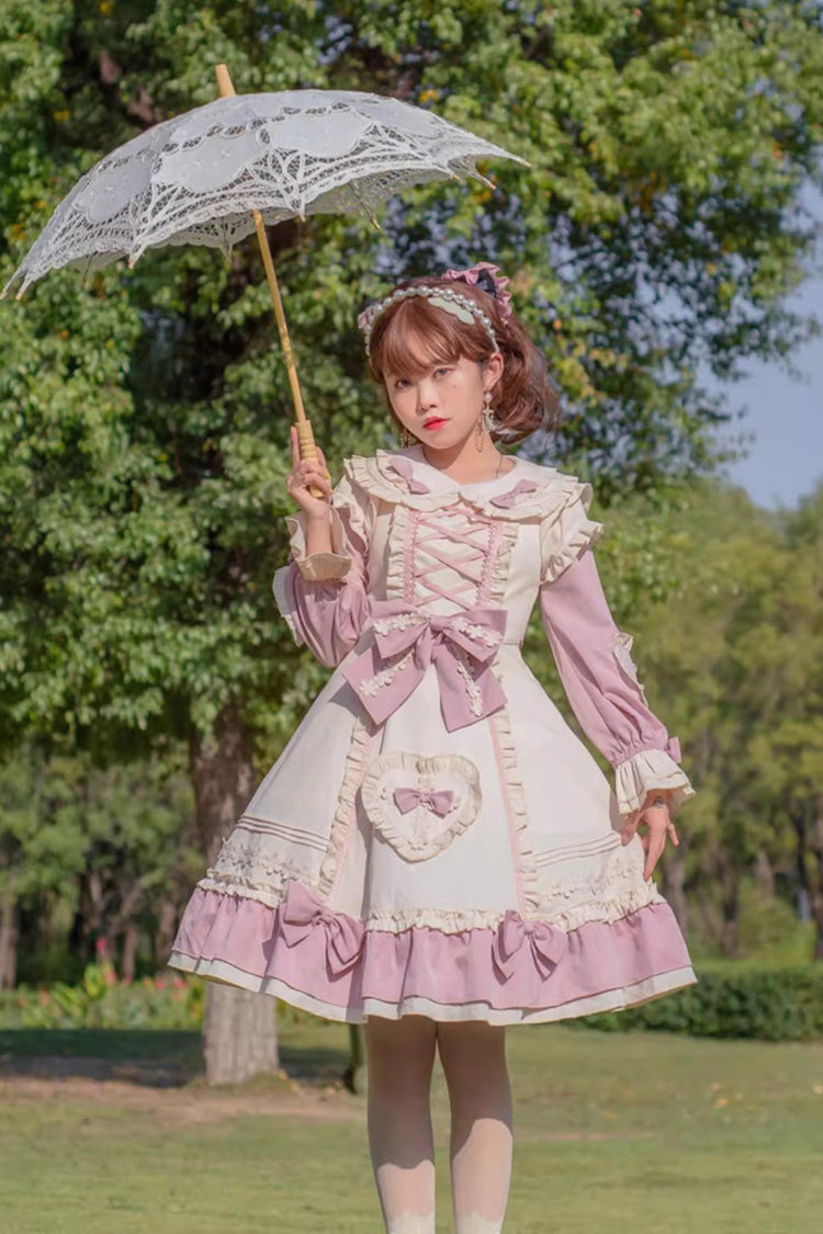 Pink/White [Little Florist] Long Sleeves Ruffle Bowknot Lace-Up Sweet Plus Size Princess Lolita Dress - Product - 3