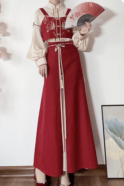 Red Song Han Element Soft And Comfortable High Waisted Sweet Hanfu Dress - Red - 1