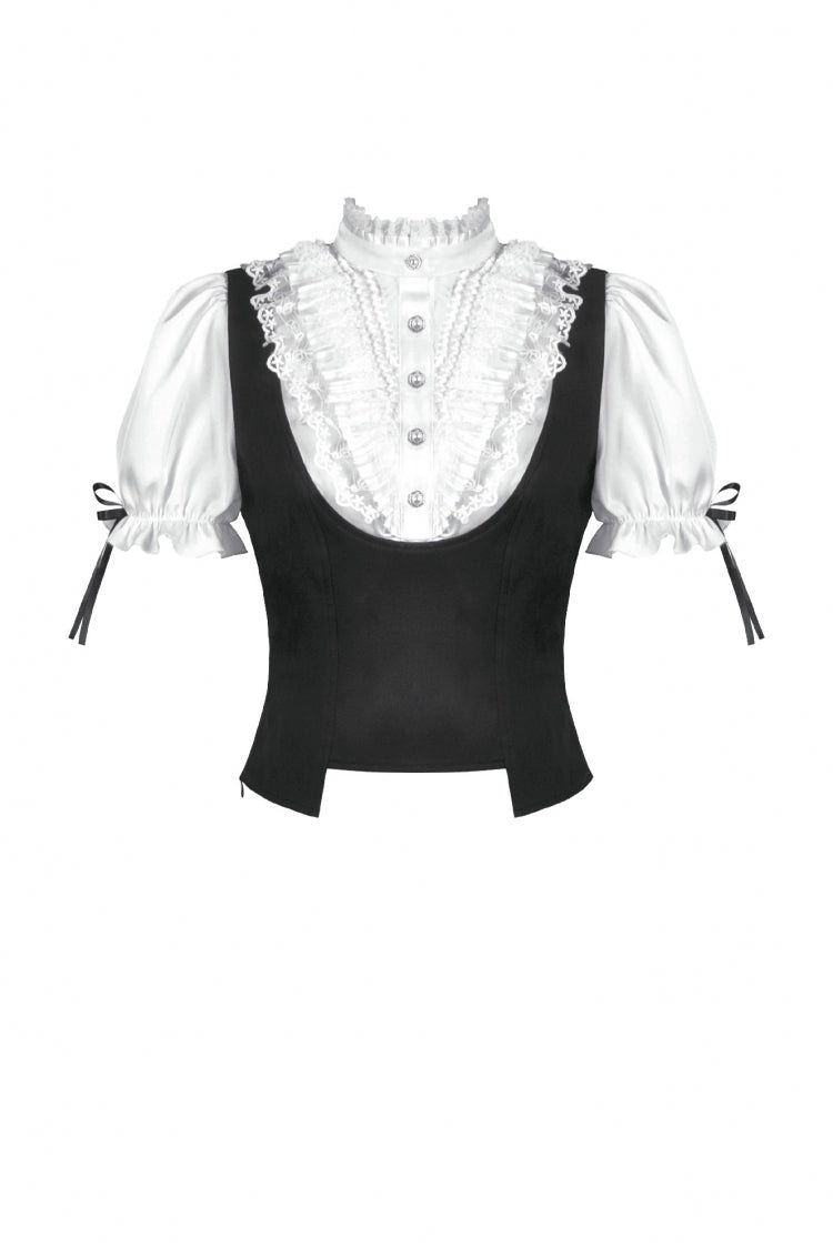 Black/White Short Puff Sleeves Lace Ruffled Stand Collar Women's Gothic Royal Blouse - Product - 3