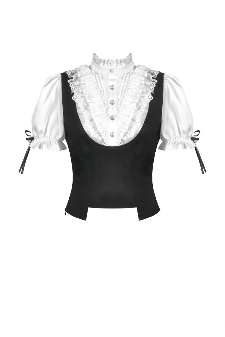 Black/White Short Puff Sleeves Lace Ruffled Stand Collar Women's Gothic Royal Blouse - Product - 3