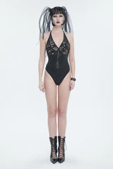 Black Mesh Irregular Printed Skull Halter Women's Gothic One Piece Swimsuit - Product - 2