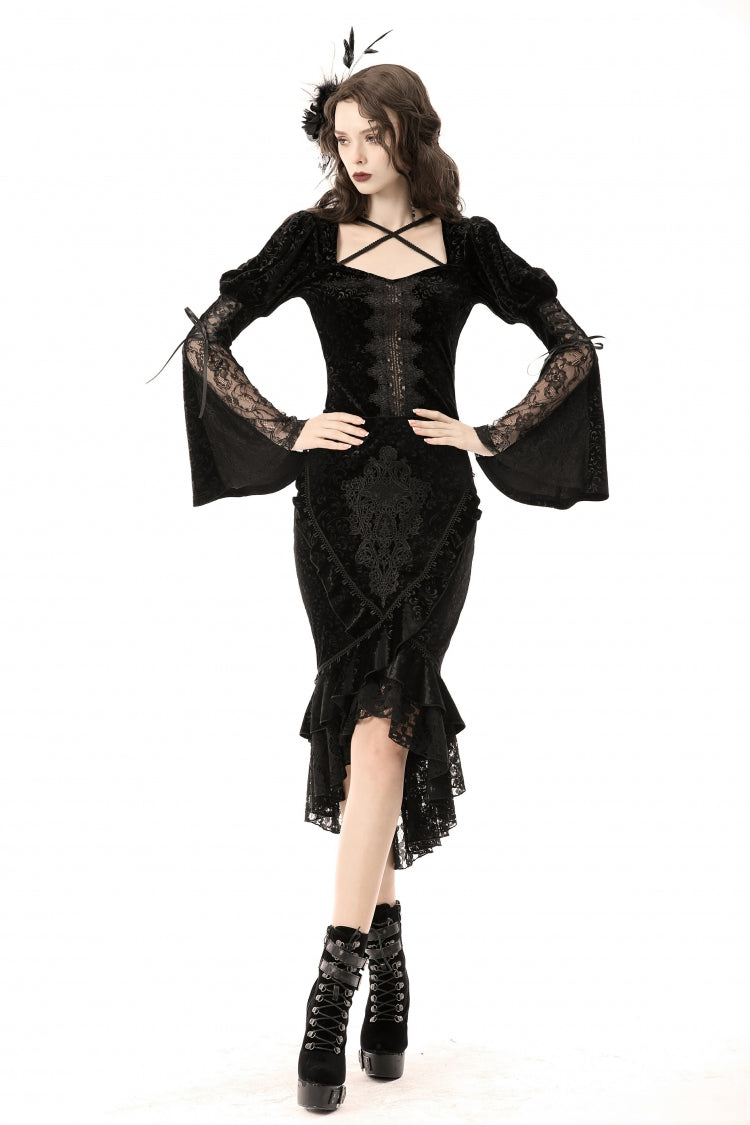 Black Jacquard Lace Lace-Up Women's Gothic Dovetail Wrap Skirt - Product - 2