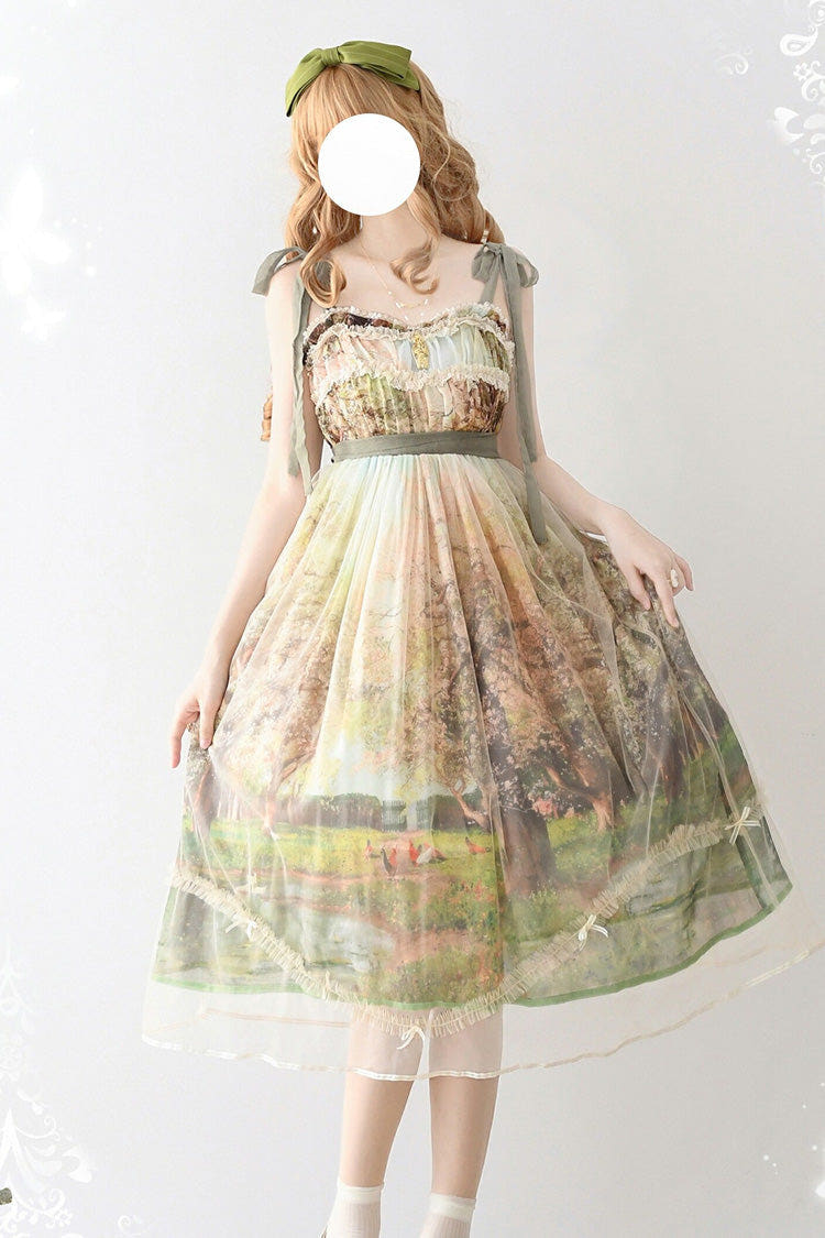 Green [Oil Painting – Spring] Sleeveless Print Ruffle Bowknot Lace Sweet Lolita Jsk Dress - Green - 1