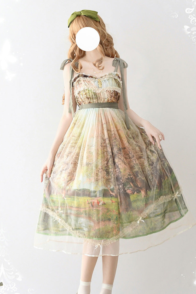 Green [Oil Painting – Spring] Sleeveless Print Ruffle Bowknot Lace Sweet Lolita Jsk Dress - Green - 1