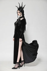 Black Long Sleeves Cut-Out Lace-Up Women's Gothic Side Slit Velvet Party Dress Wedding Dress - Product - 5
