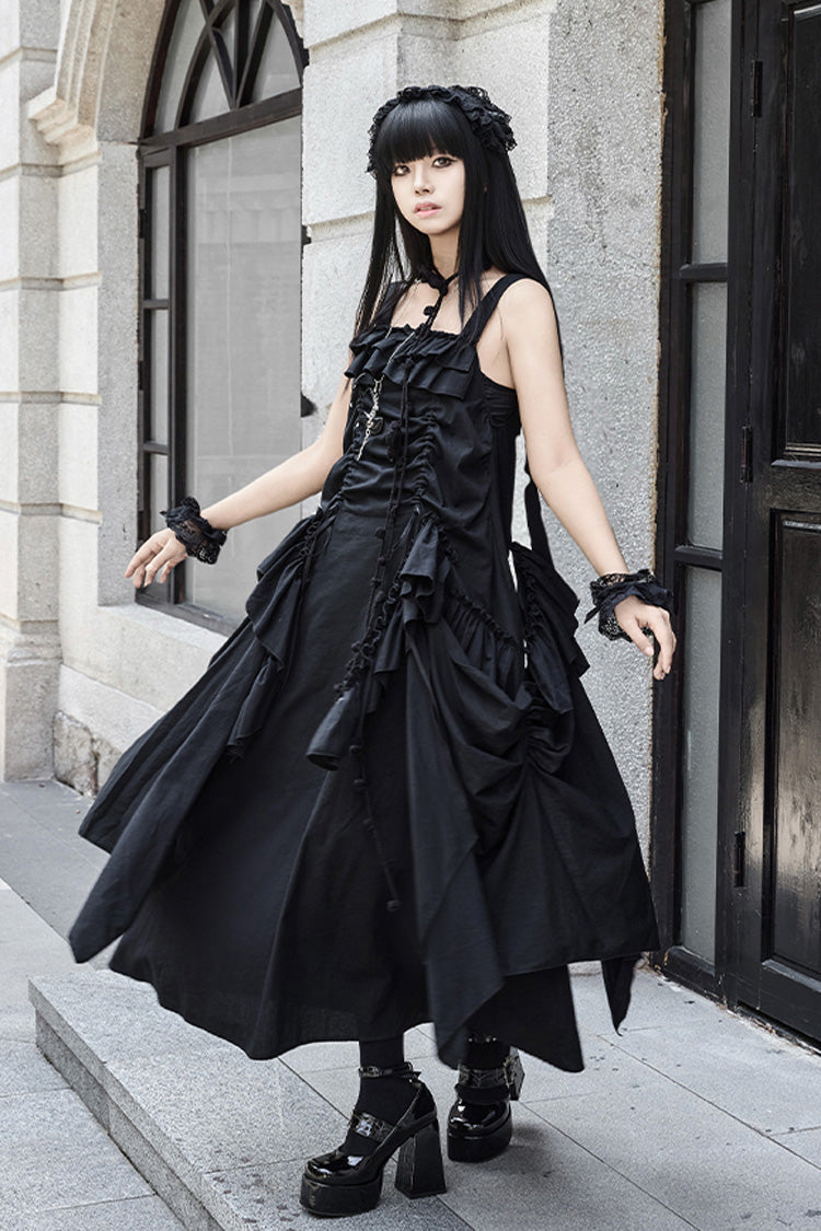 Black [Dream] Sleeveless Ruffle Gothic Lolita Strap Dress - Black - 1