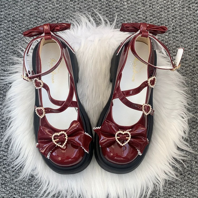 Wine Red Synthetic Leather Cross Straps Bow Lolita Shoes - Product - 2