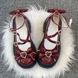 Wine Red Synthetic Leather Cross Straps Bow Lolita Shoes - Product - 2