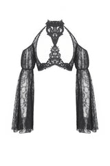 Black Off Shoulder Long Puff Sleeves Cut-Out Lace Women's Gothic Cape - Product - 3