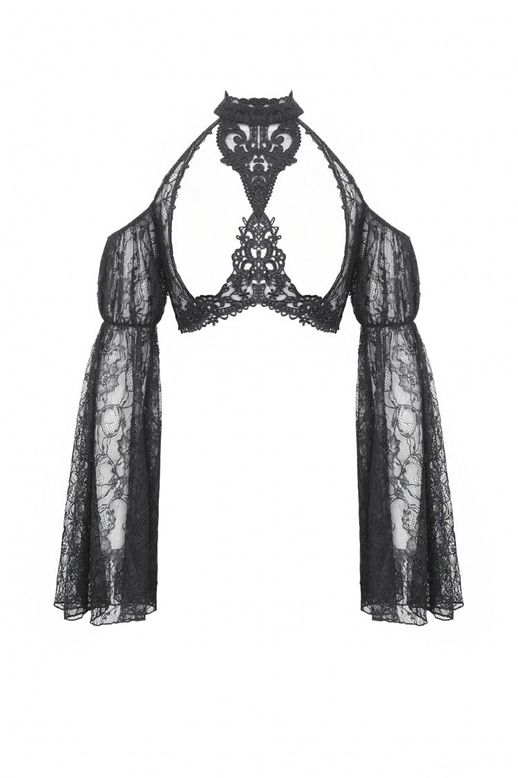 Black Off Shoulder Long Puff Sleeves Cut-Out Lace Women's Gothic Cape - Product - 3