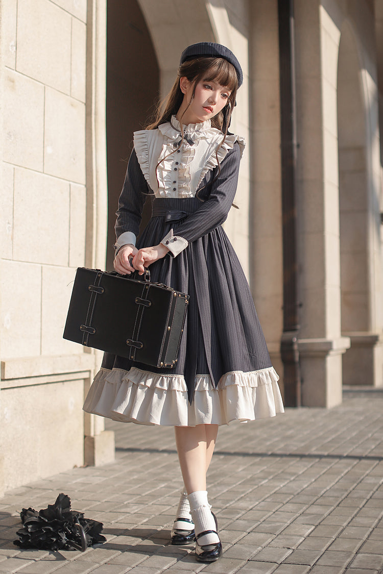 Dark Blue [Berlin Evening News] Long Sleeves Striped Print Ruffle Bowknot British College Style Elegant Sweet Lolita Dress - Product - 21
