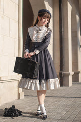 Dark Blue [Berlin Evening News] Long Sleeves Striped Print Ruffle Bowknot British College Style Elegant Sweet Lolita Dress - Product - 21