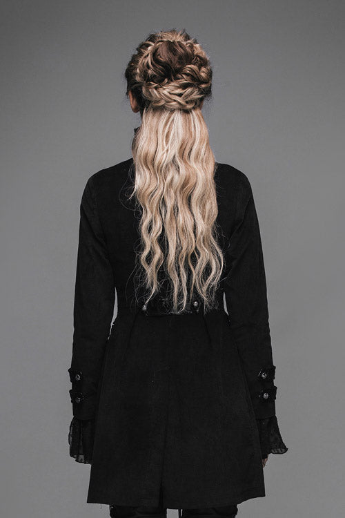 Black Floral Flocking Leather Loops Stand Collar Poncho Womens Gothic Coat - Product - 3