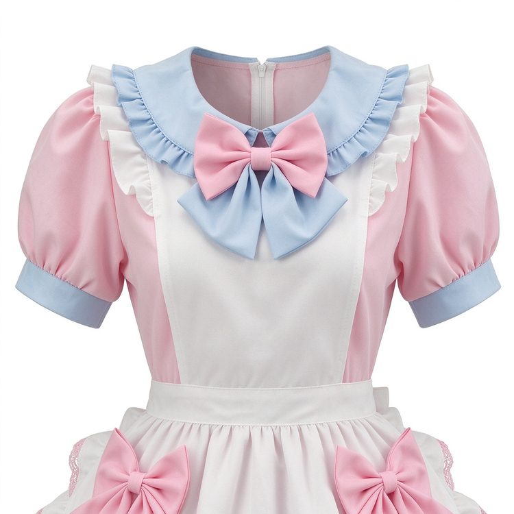 Brown and Pink Ruffled Maid Lolita Dress with Apron Bow Accent - view 2