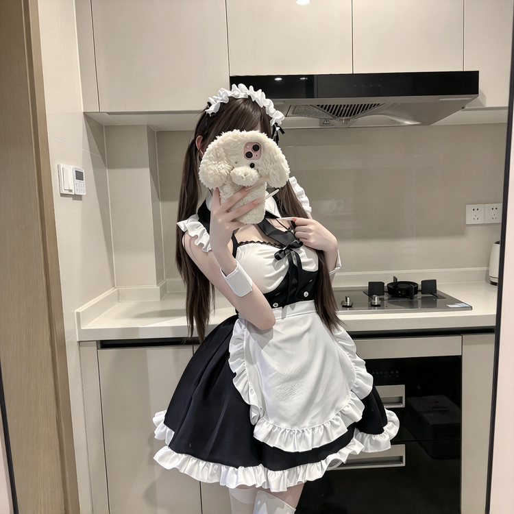 Black and White Ruffled Maid Lolita Dress with Apron Bow Accent - view 2