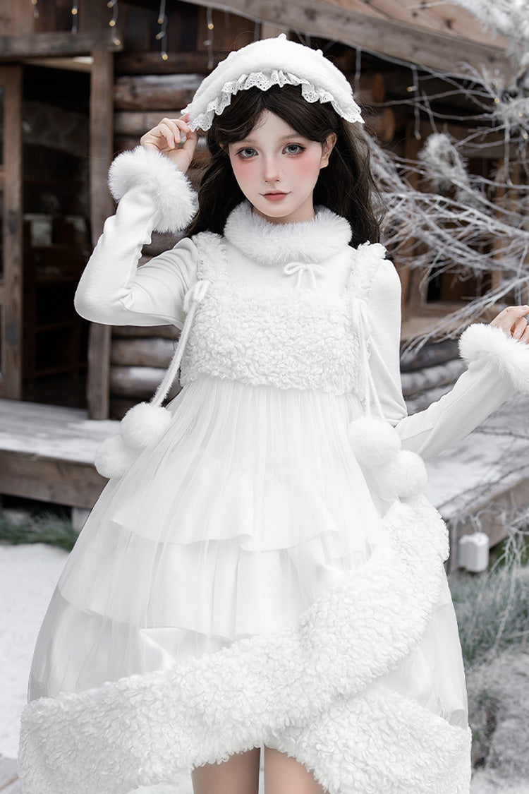 [White Chocolate] Triple-Layered Ruffle Bowknot Sweet Lolita Jsk Dress Set - Product - 14