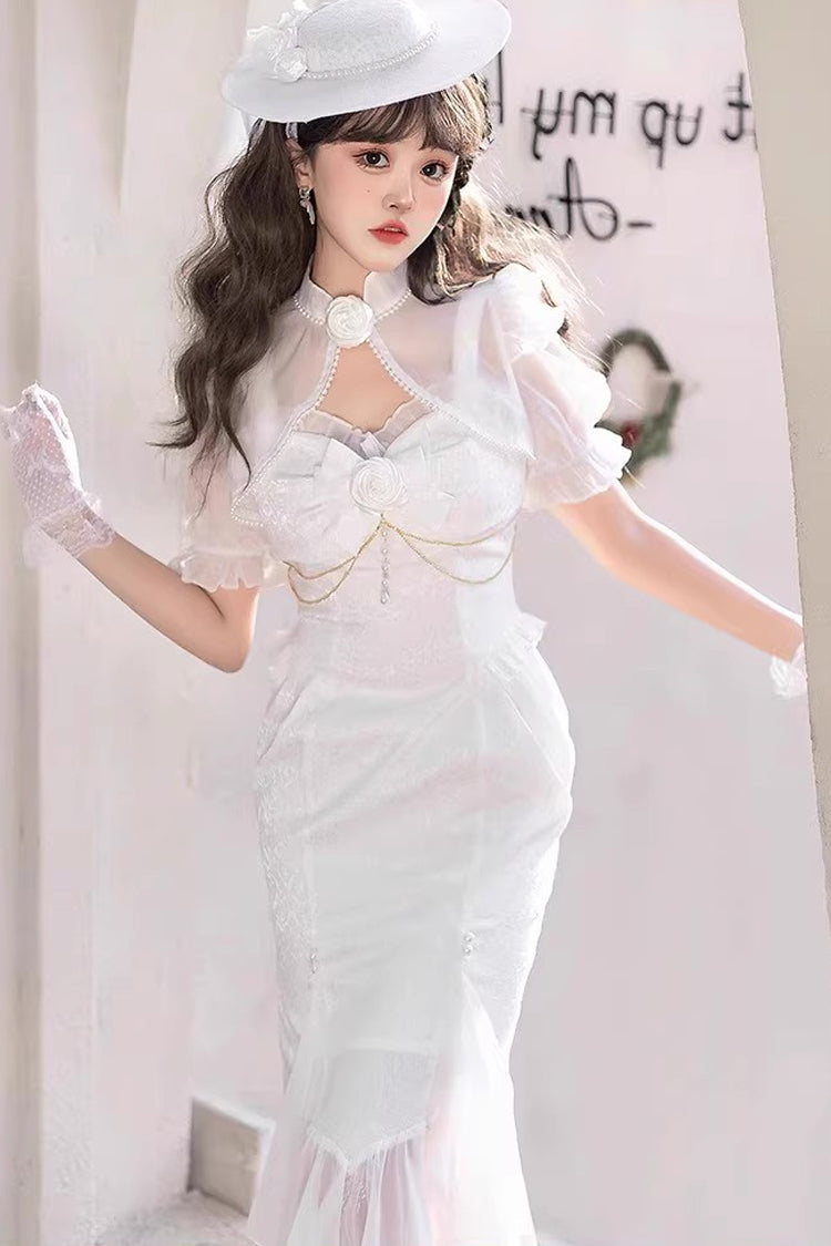 White [Camellia 1.0] Sleeveless Jacquard Ruffle Lace Sweet Chinese Style Lolita Jsk Fishtail Dress - Product - 4