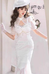 White [Camellia 1.0] Sleeveless Jacquard Ruffle Lace Sweet Chinese Style Lolita Jsk Fishtail Dress - Product - 4