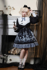Black Bandage Bear Print Long Sleeves Ruffle Bowknot Lace Gothic Lolita Dress - Product - 7