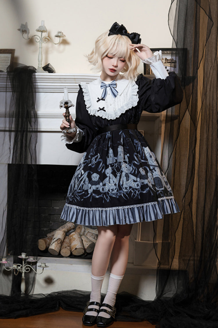 Black Bandage Bear Print Long Sleeves Ruffle Bowknot Lace Gothic Lolita Dress - Product - 7