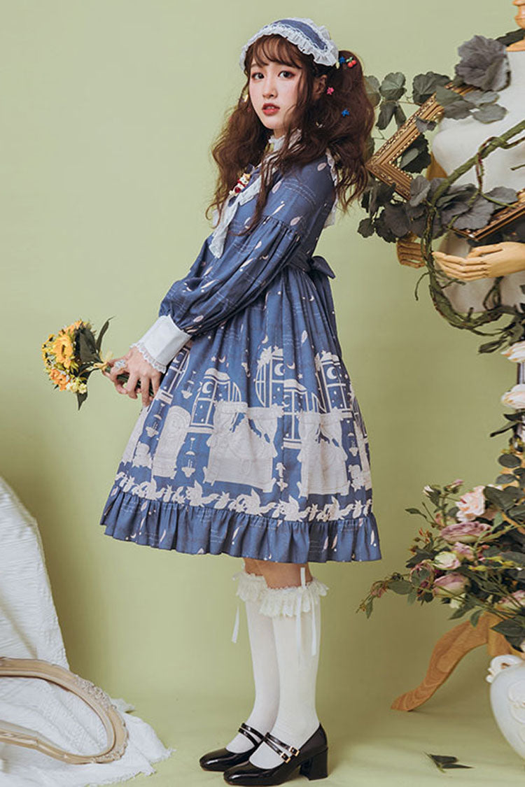 Dark Blue Classical Alarm Clock Print Long Sleeve Bowknot Sweet Lolita Op Dress - Product - 3