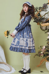 Dark Blue Classical Alarm Clock Print Long Sleeve Bowknot Sweet Lolita Op Dress - Product - 3