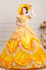 Yellow High Waisted Ruffled Multi-Layer Lace Stitching Victorian Lolita Prom Dress - Product - 2