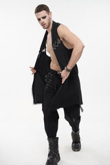 Black Aluminum Chain Stitching Design Distressed Cotton Linen All Seasons Men's Punk Vest - Product - 4