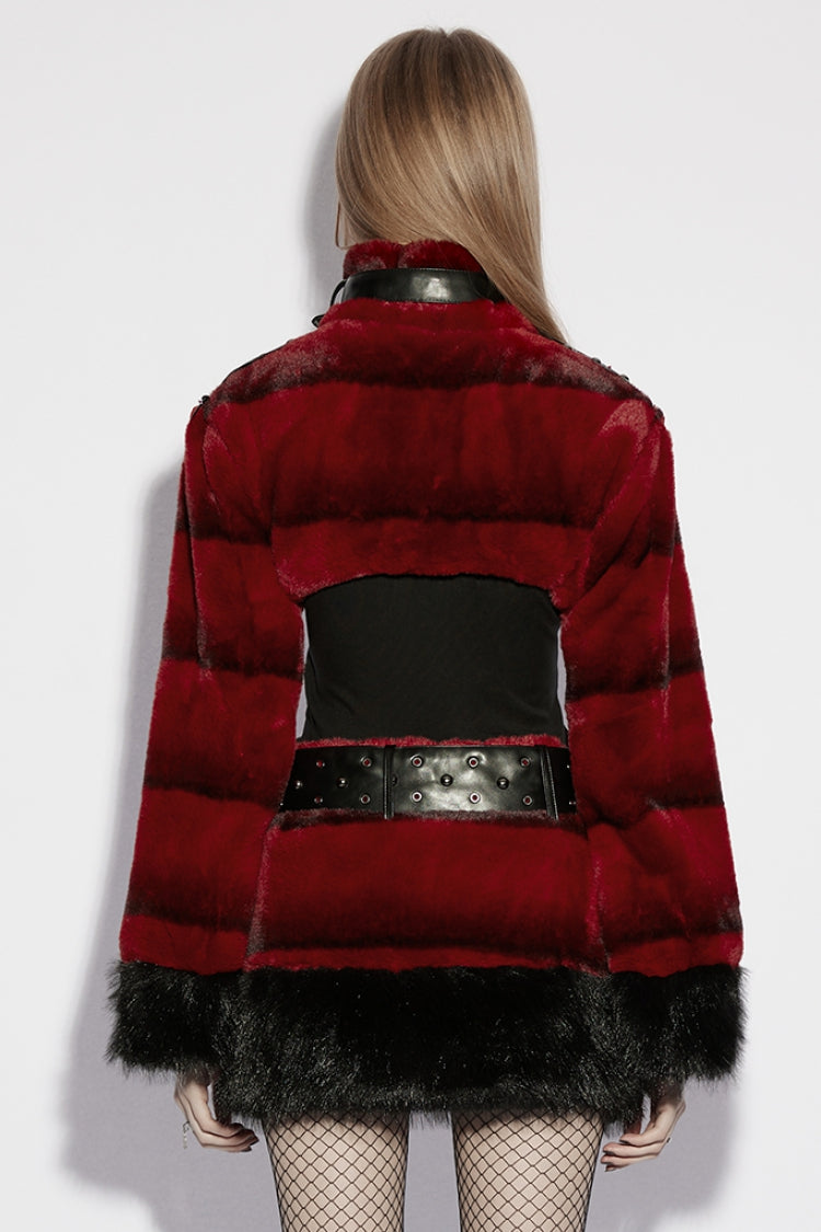 Red Stand Collar Long Sleeves Buckle Straps Faux Fur Women's Punk Short Cloak - Product - 3