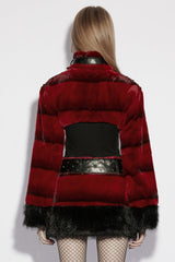 Red Stand Collar Long Sleeves Buckle Straps Faux Fur Women's Punk Short Cloak - Product - 3