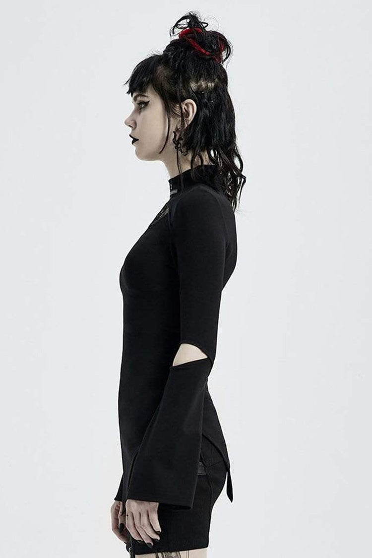 Black Gothic Stretch Knitted Fabric Spliced Geometric Mesh Design Women's Long Sleeve T-Shirt - Product - 2