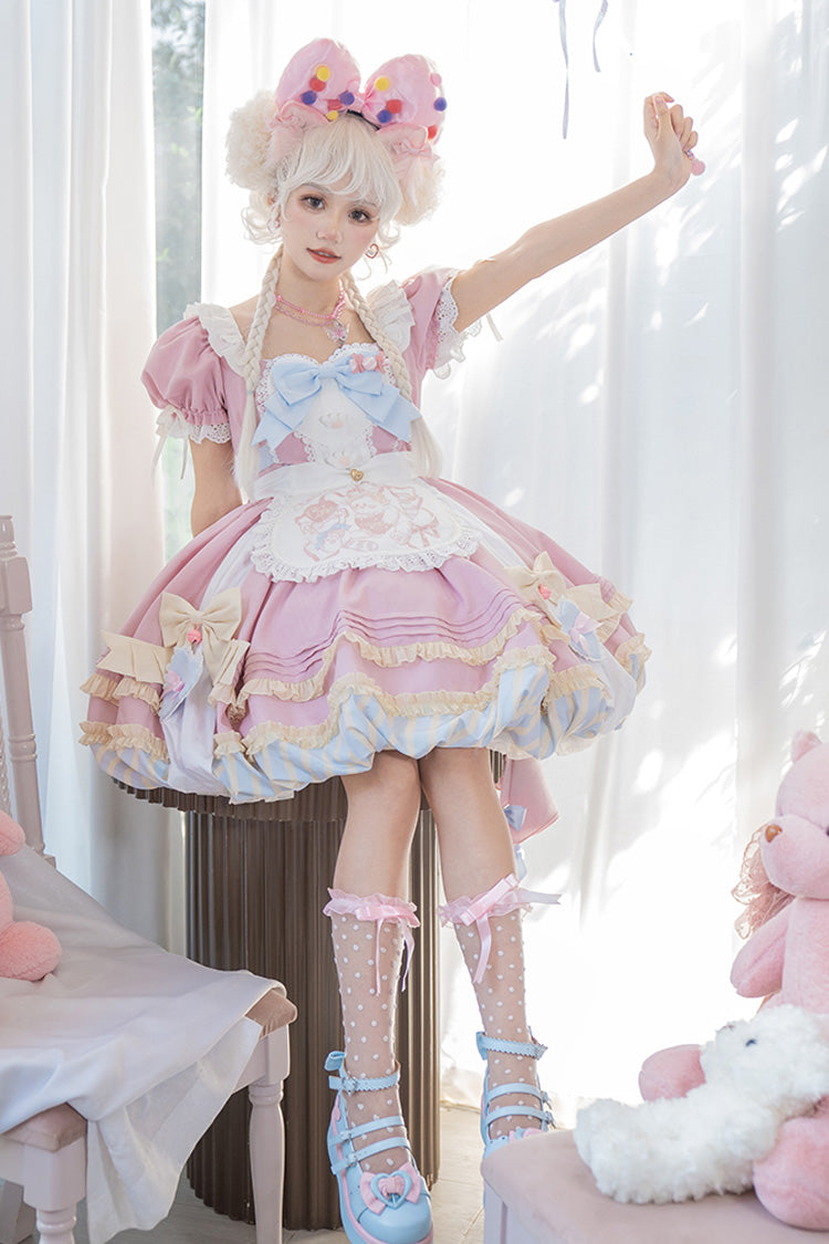 Pink Short Sleeves Print Ruffle Bowknot Lace-Up Sweet Princess Lolita Dress Set - Product - 4