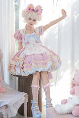 Pink Short Sleeves Print Ruffle Bowknot Lace-Up Sweet Princess Lolita Dress Set - Product - 4