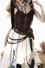 Brown/White [Dune Shadow Seeker] Sleeveless Ruffled Embroidered Irregular Vintage Lolita Skirt Set - Product - 15