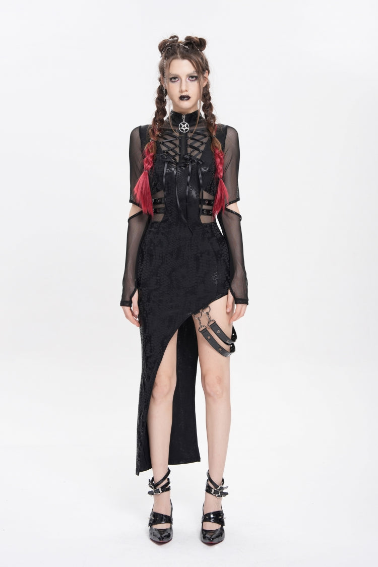 Black Stand Collar Long Sleeves Stitching Lace-Up Mesh Women's Punk Dress with Detachable Strap - Product - 2