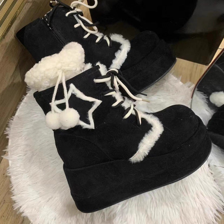 Sweet [Star] Fleece-Lined Warm Lolita Martin Boots 2 Colors - Black - 8