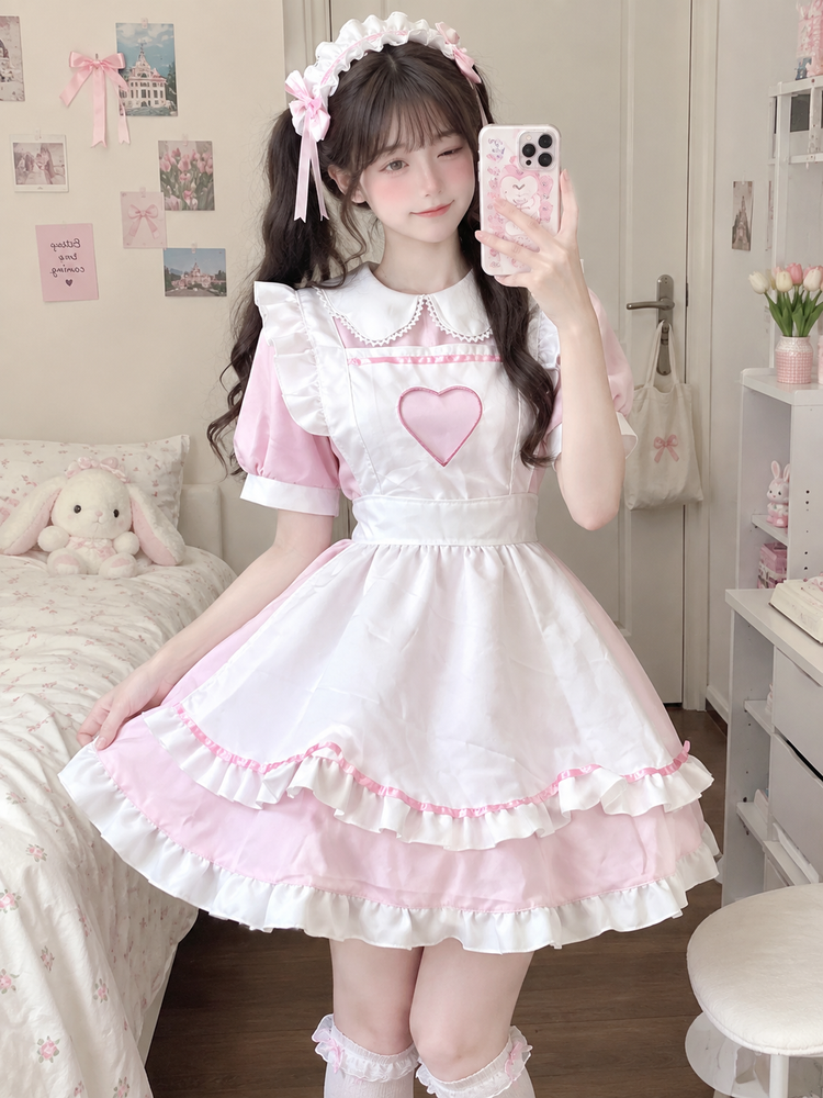 Pink White Sweet Heart Maid Dress Lolita Outfit Cosplay Costume - view 4