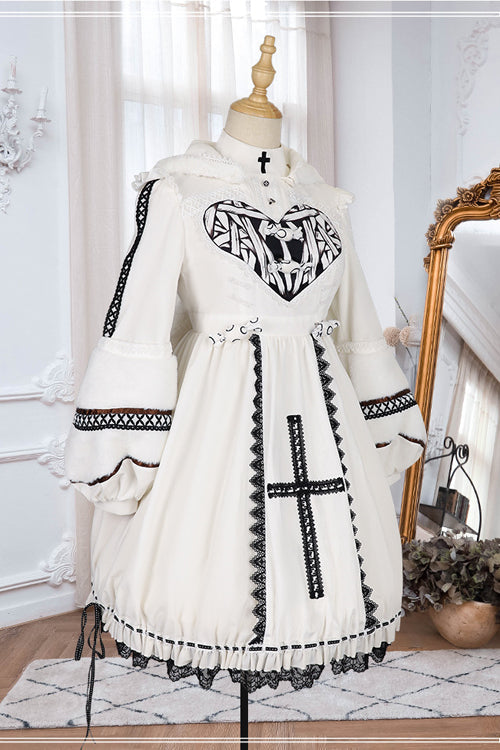 Beige Detachable Hat High Neck Woolen Cuffs Demon Rabbit Gothic Lolita OP Dress - Product - 7
