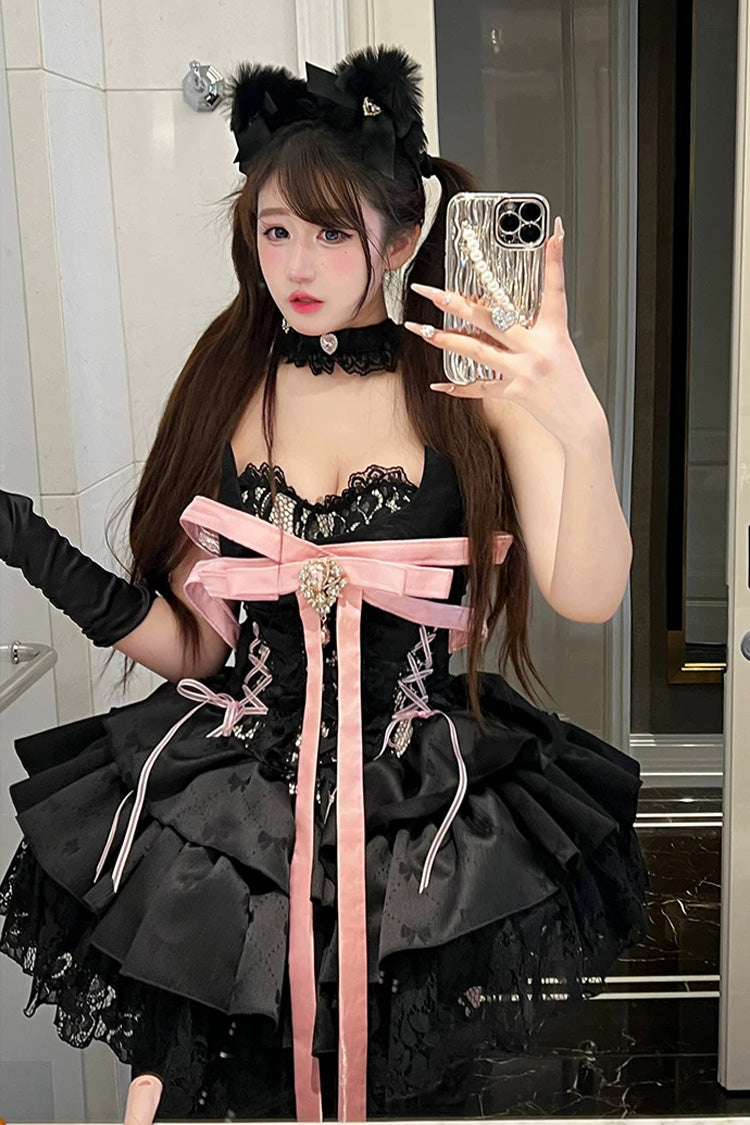 Black [Kitten Sweetheart] Multi-Layered Ruffled Bow Lace-Up Princess Ballet Gothic Lolita Jsk Dress - Product - 13