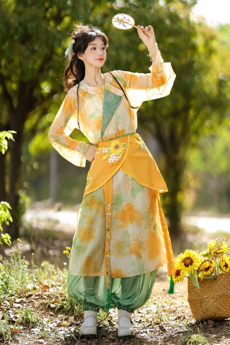 Yellow/Green Round Collar Long Sleeves Print Women's Sweet Hanfu Pants Full Set - Yellow/Green - 1