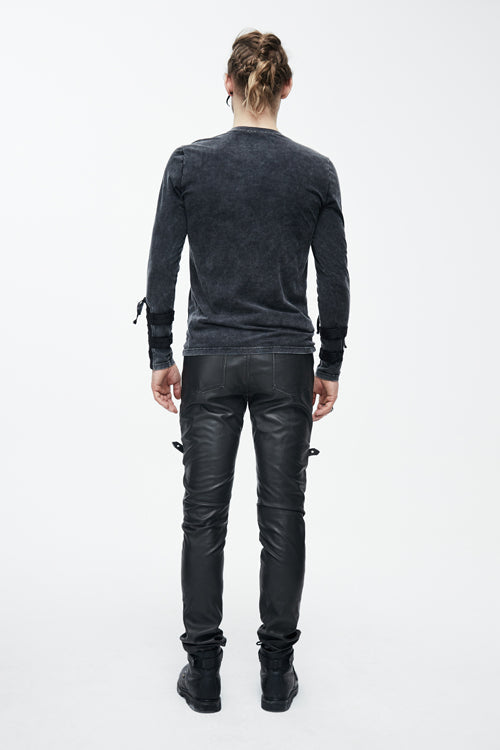 Black Faded Long Sleeves Lace Up Mens Punk T-Shirt - Product - 7